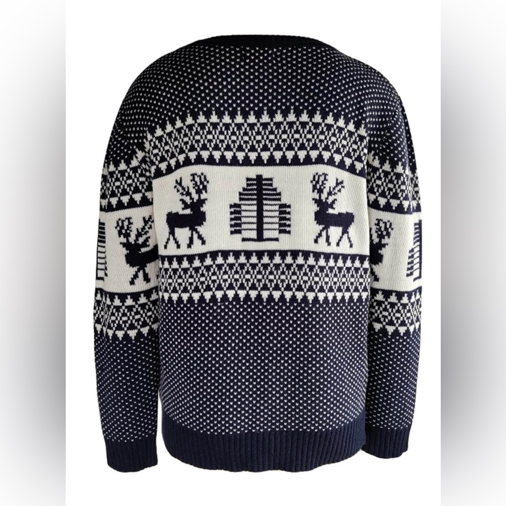 Christmas Geometric Fair Isle Reindeer Sweater Size M Blue & White - Picture 3 of 4